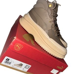 Puma Mayra Platform High Top Sneakers Women's Size 8 Beige Taupe With Box